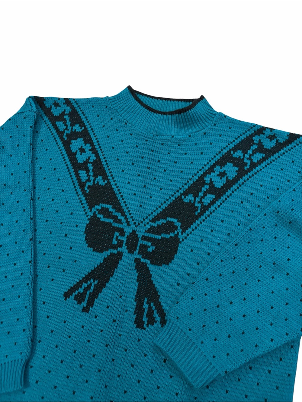 VTG Bow Polka Dot Crewneck Sweater Womens Large Teal/Black 80s Present Holiday